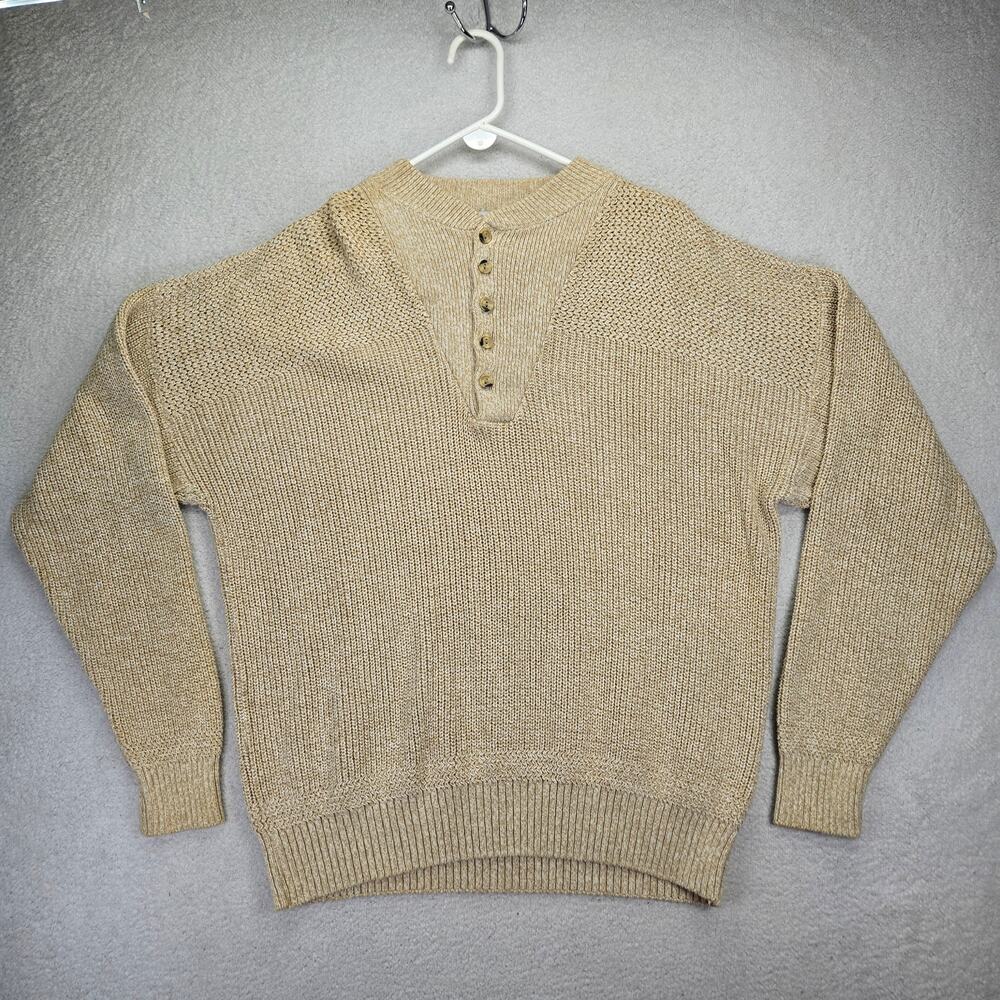 Vtg Ashley Knit Sweater Large Made in USA Cotton 1/4 Button Beige Chunky Knit
